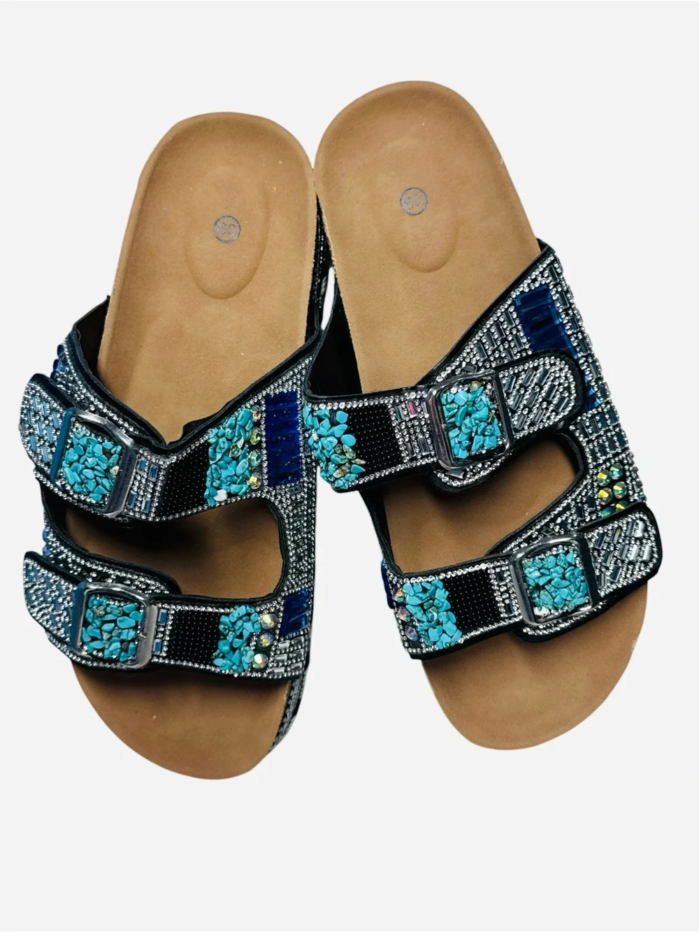 Women's Bohemian Beaded Rhinestone Double Buckle Platform Slide Sandals